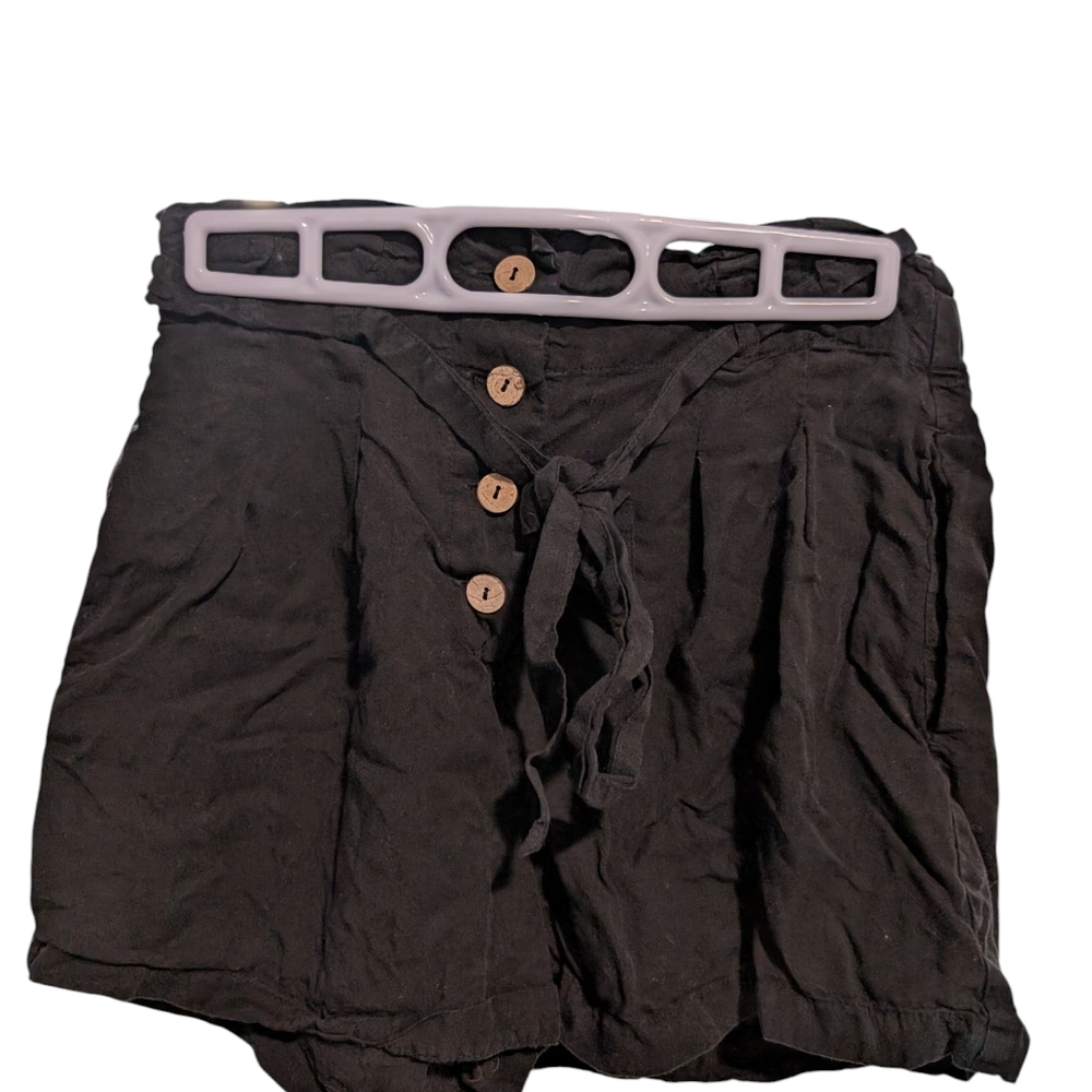 Love Tree Black Tencel Paperbag Waist Shorts Small Boho Button Front Tie Belt
